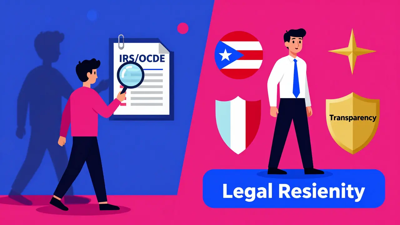 Split : d'un côté un fisc scrutateur, de l'autre une personne sur un socle 'Résidence légale' avec des icônes de Porto Rico et Malte.