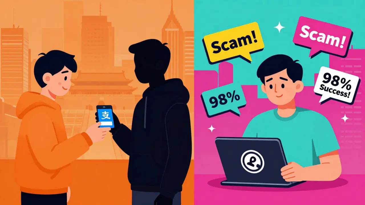 Transaction P2P en Chine : transfert de yuan à un vendeur en ligne avec警示 de sécurité flottants.