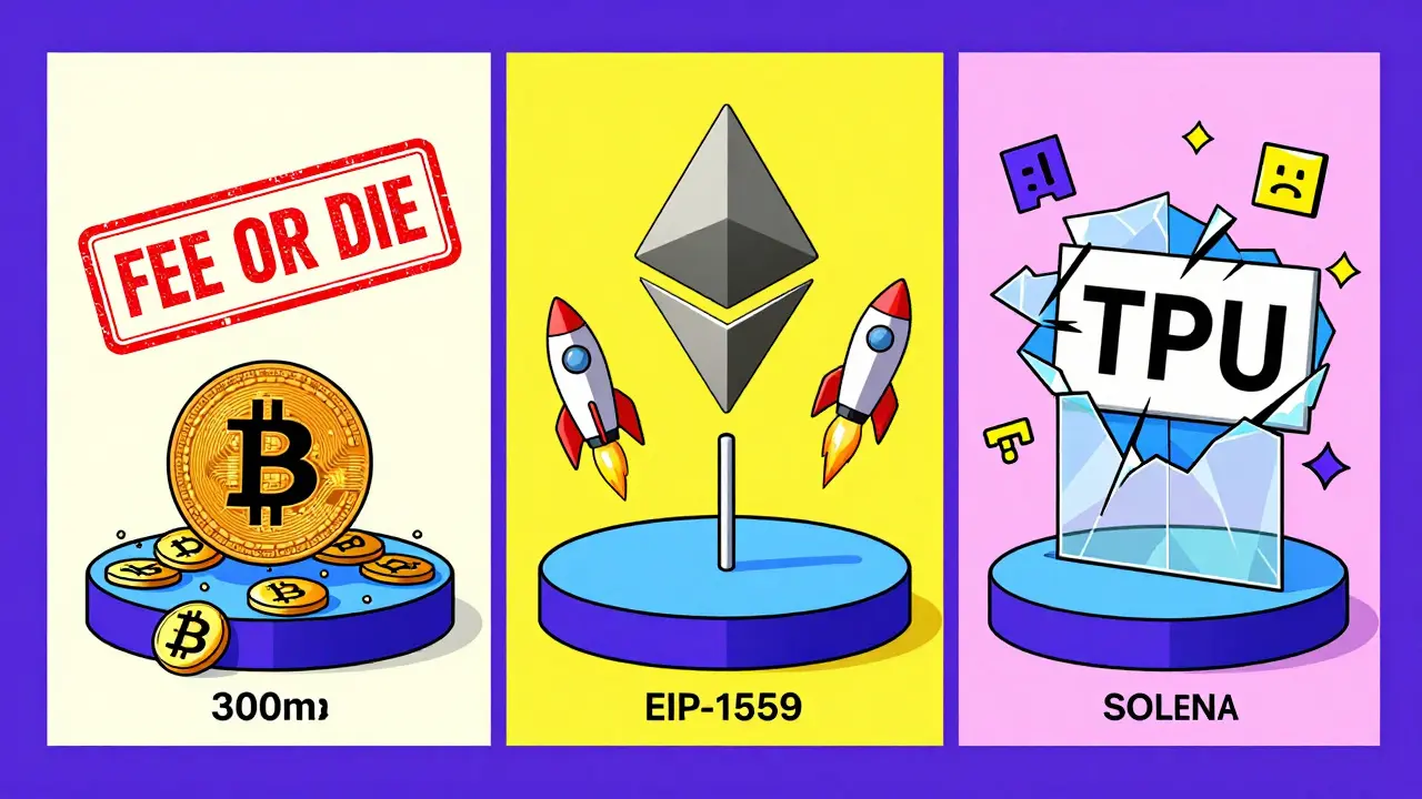 Trois nœuds blockchain comparés : Bitcoin saturé, Ethereum avec frais dynamiques, Solana en panne, tous en style Memphis Design.