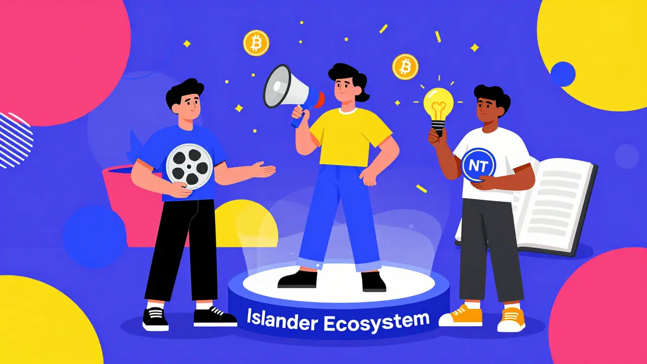 Trois personnages représentant projets, influenceurs et apprenants autour d'une plateforme Islander aux formes géométriques vives.