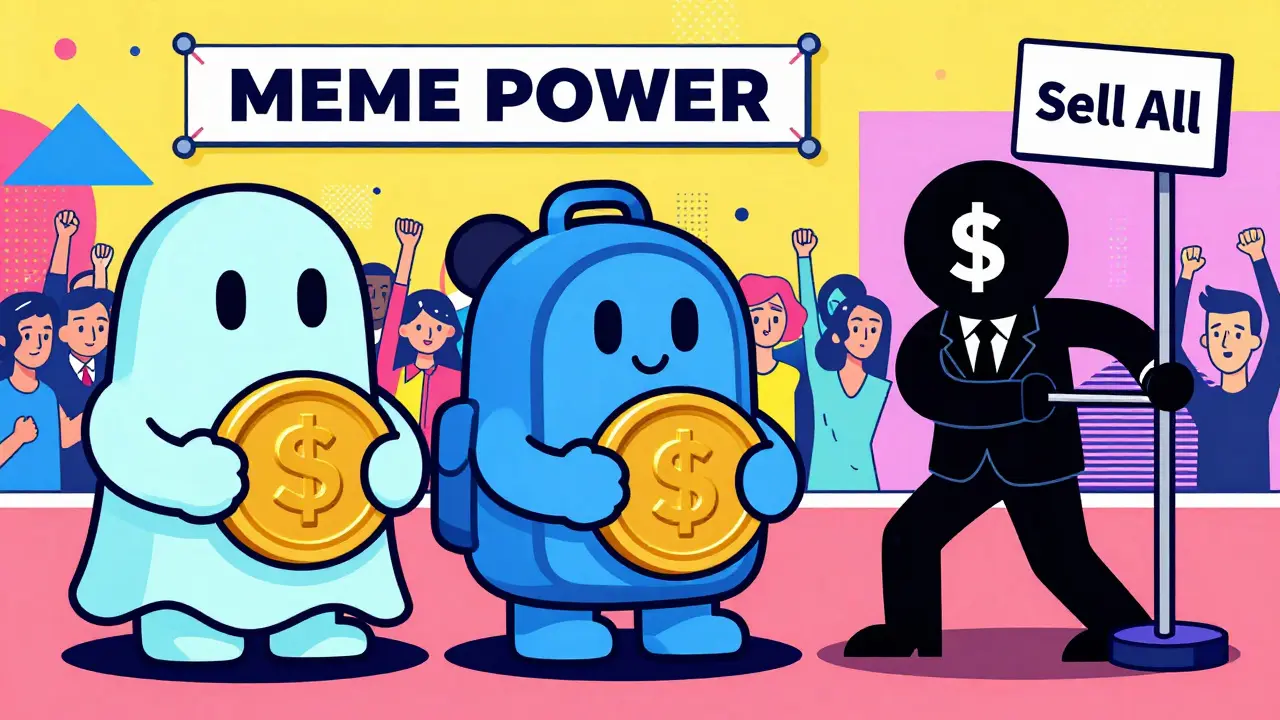 Trois portefeuilles géants détenant des jetons GONDOLA, tandis qu'un homme en costume vend tout.