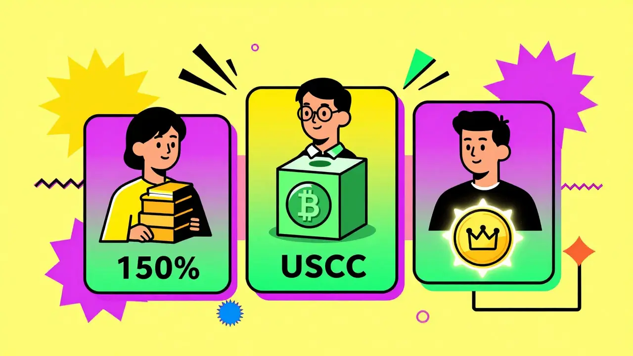 Trois utilisateurs DeFi : l'un avec collatéral, l'autre avec stablecoin, le troisième avec une réputation numérique, dans un style géométrique coloré.