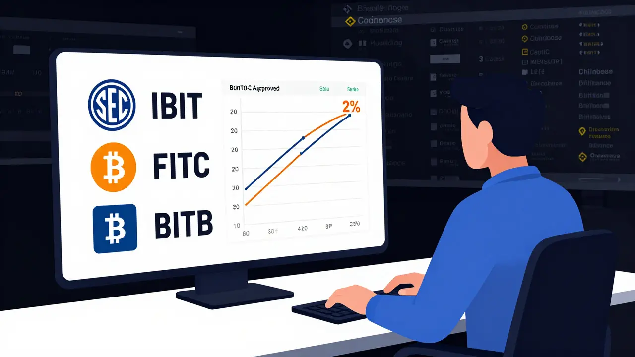 Un client examine un portefeuille avec un ETF Bitcoin, tandis qu'une bourse crypto chaotique flotte en arrière-plan.