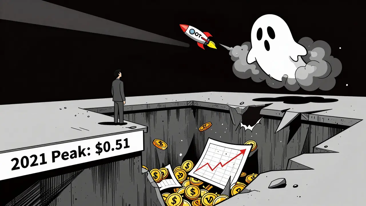 Un investisseur regarde un pic de prix effondré, avec un fusée MOT qui s'éteint dans le ciel.