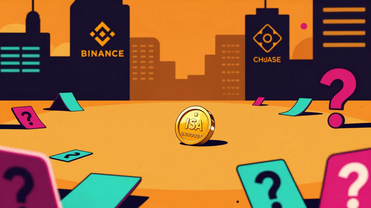 Un petit token ISA isolé sur un marché numérique vide, entouré de formes abstraites et de questions.