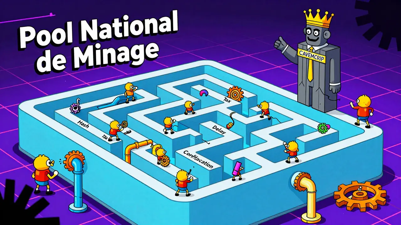 Un pool numérique géant contrôlé par une statue bureaucratique, avec des mineurs miniatures dans des tuyaux.