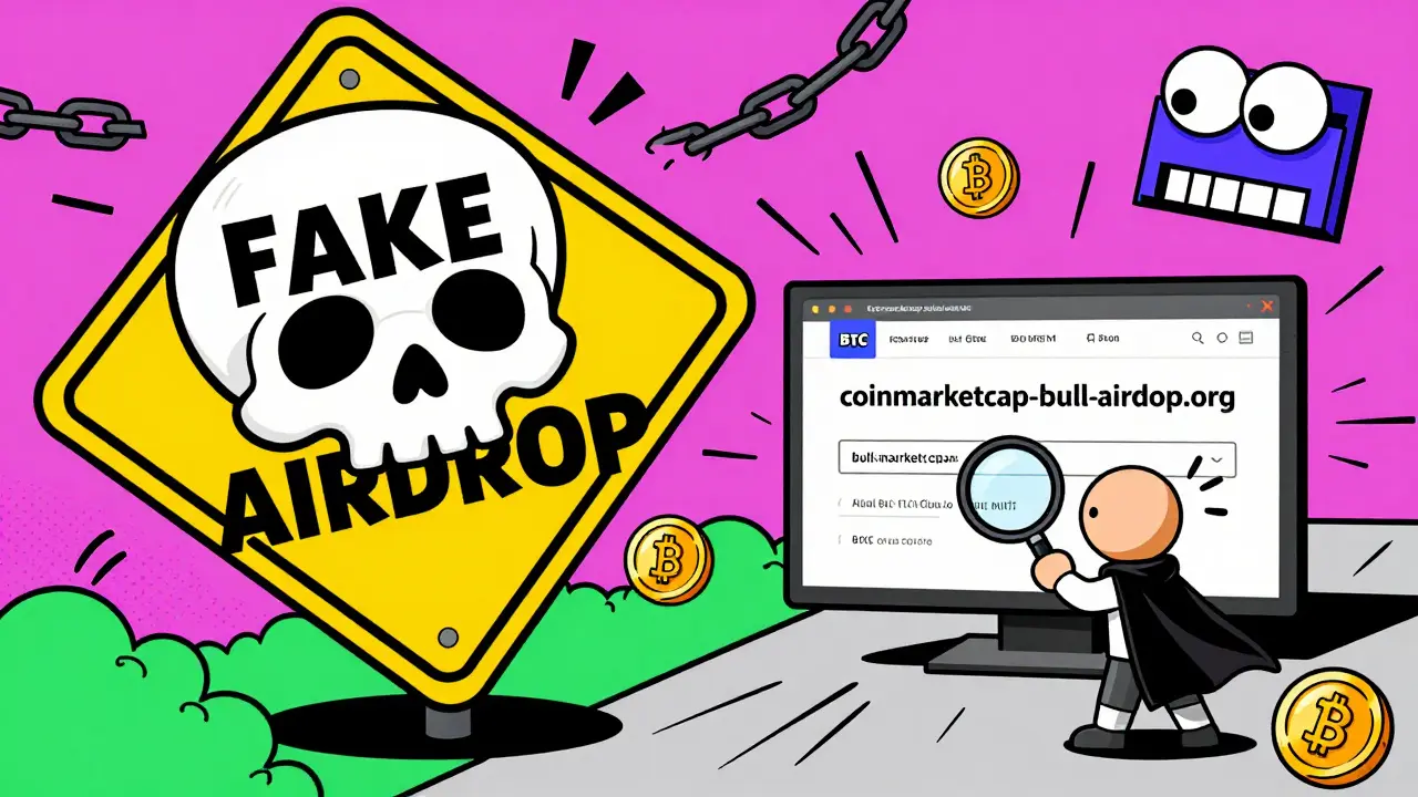 Un signe d'avertissement en forme de crâne bloque un site escroquerie, tandis qu'un héros vérifie le site officiel avec une loupe.