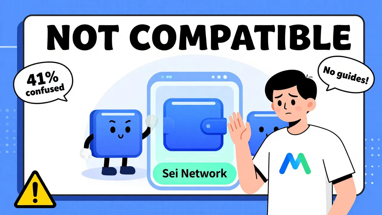 Un utilisateur bloqué par un mur 'NON COMPATIBLE' tandis que trois portefeuilles Sei l'attendent derrière un portail.
