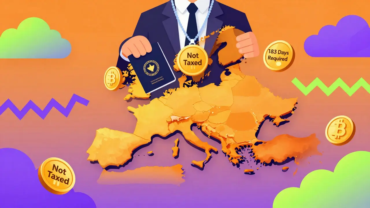 Une île en forme de Malte flottant avec des pièces crypto et un passeport, entourée de formes géométriques colorées.