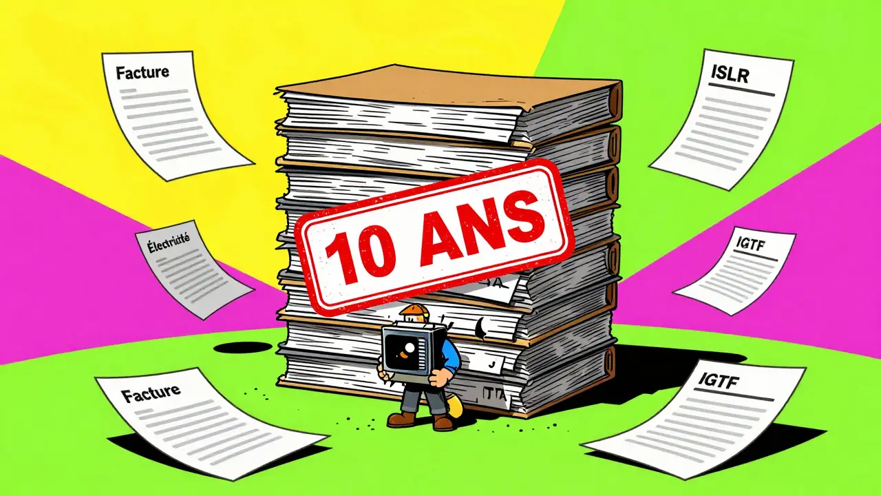 Une montagne de dossiers papiers écrasant un mineur, étiquetés avec des taxes et un cachet '10 ANS'.