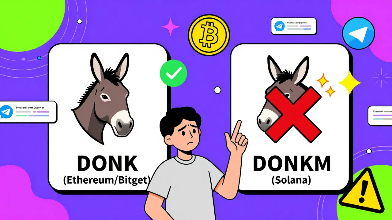 Une personne compare deux jetons similaires : DONK légitime et DONKM escroquerie, entouré de symboles crypto et avertissements.