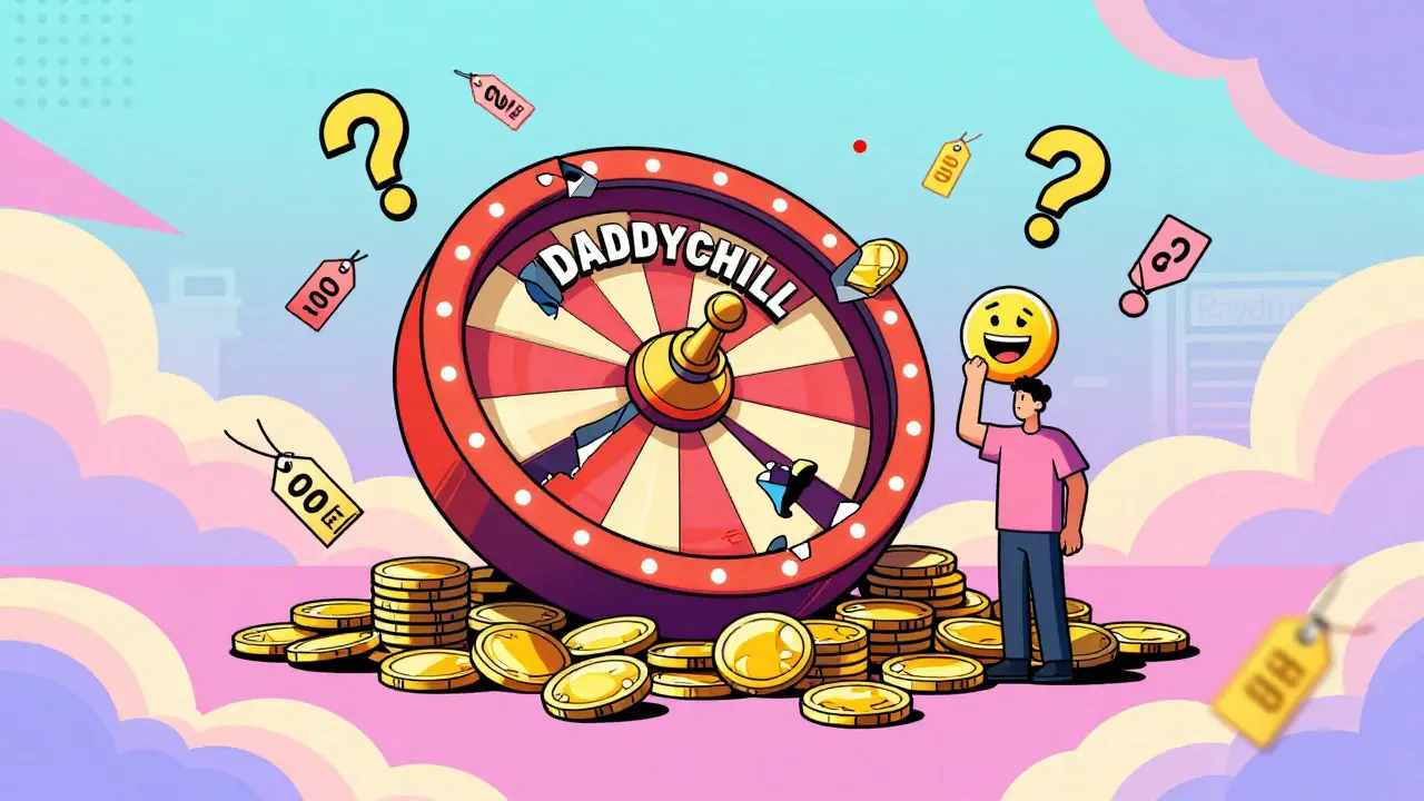 Une roue de casino 'Daddy Chill' s'effondre, entourée de prix nuls et d'un seul utilisateur tenant un jeton rigolant.