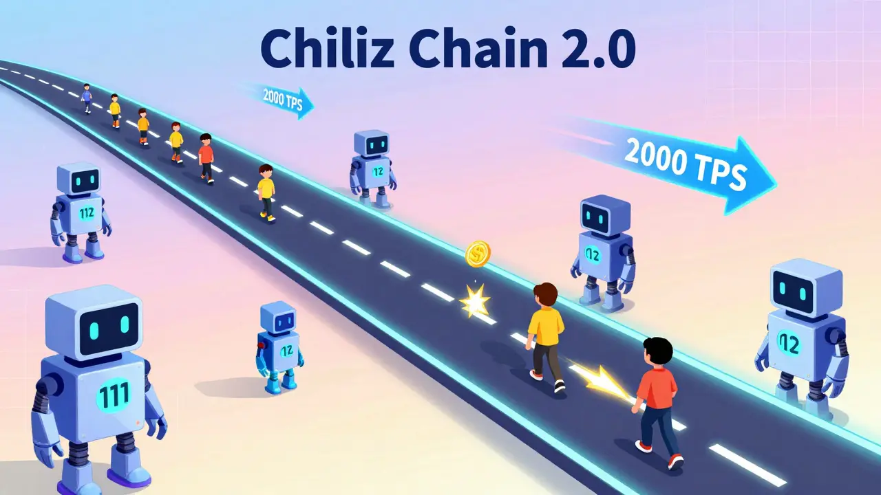 Une route blockchain lumineuse avec des fans et des validateurs géométriques, des jetons CHZ flottant comme des étoiles.