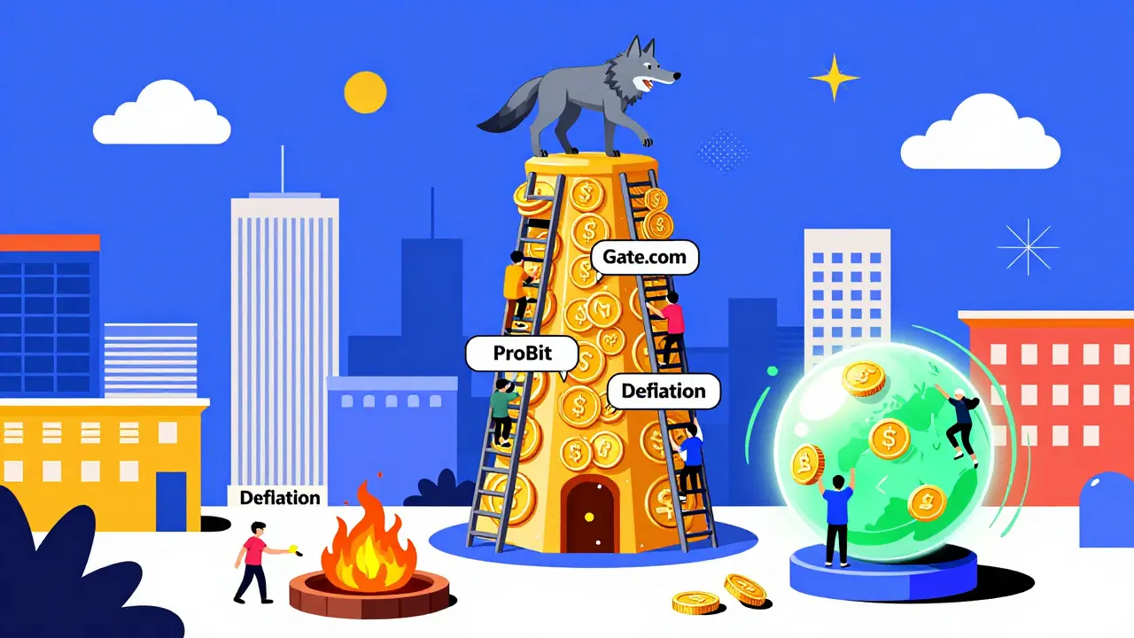 Une tour de jeton WOLF avec des utilisateurs escaladant des échanges, des tokens en feu et un staking lumineux.