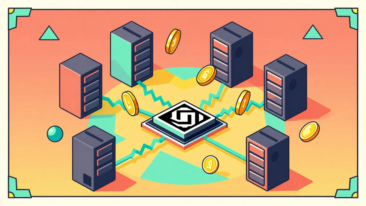 Architecture blockchain et nœuds réseau stylisés géométriquement