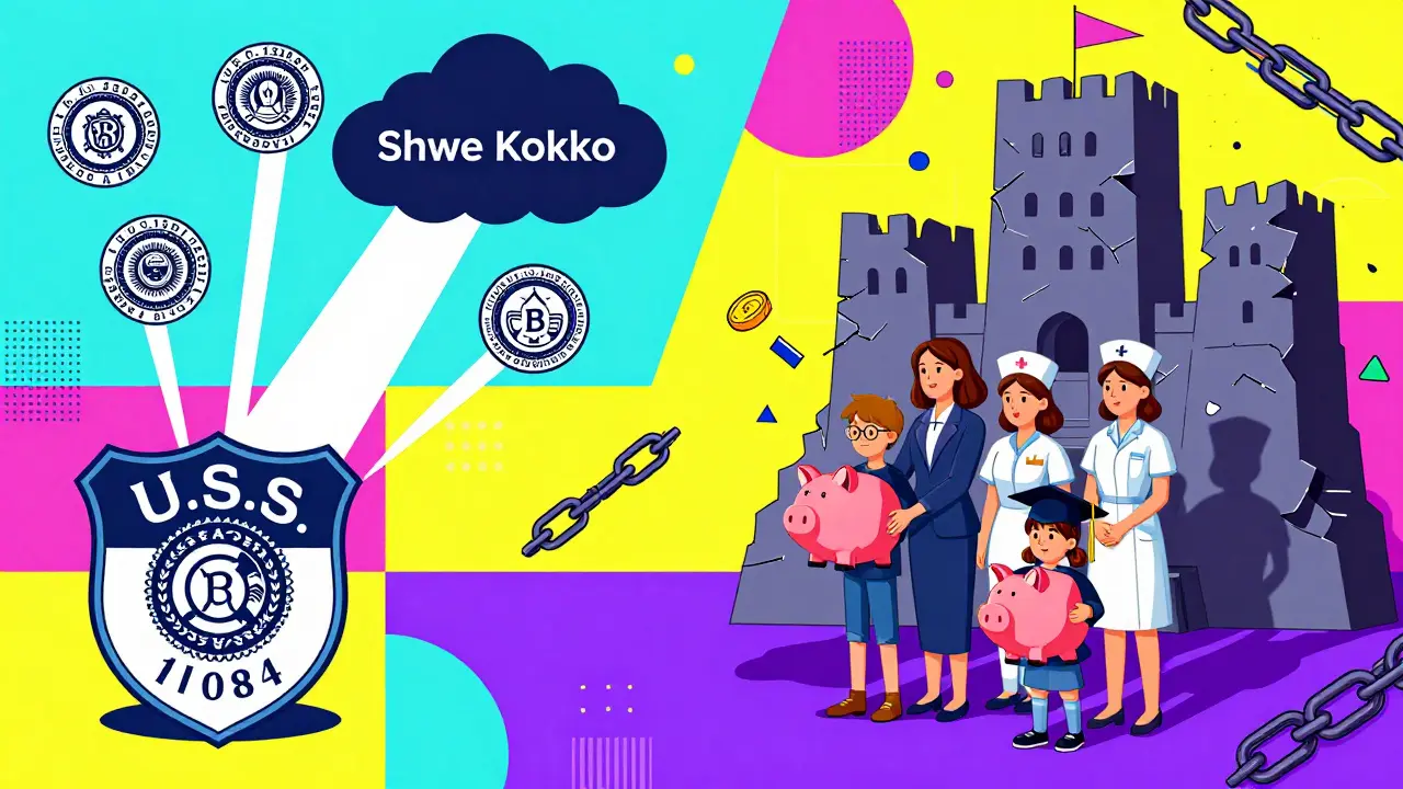 Bouclier du Trésor américain brisant une forteresse criminelle, tandis qu'une famille américaine perd ses économies.