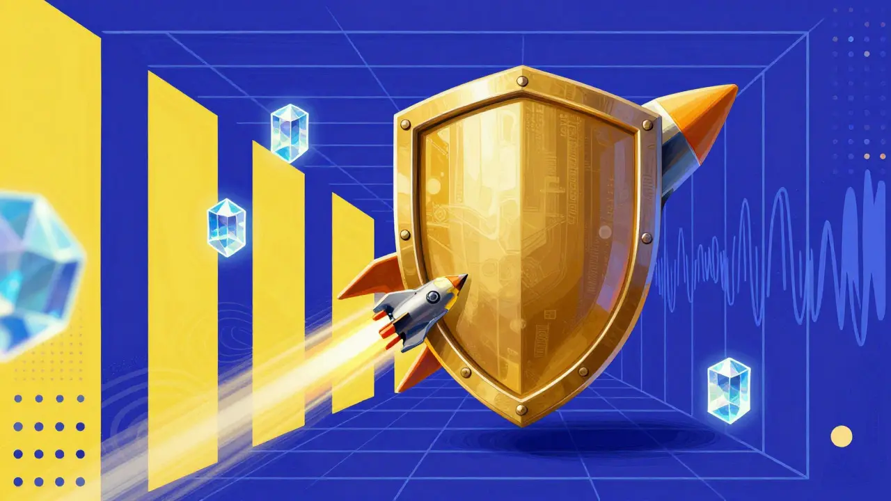 Bouclier protecteur et flèche rapide sur fond de motifs rétro abstrait et lumineux.