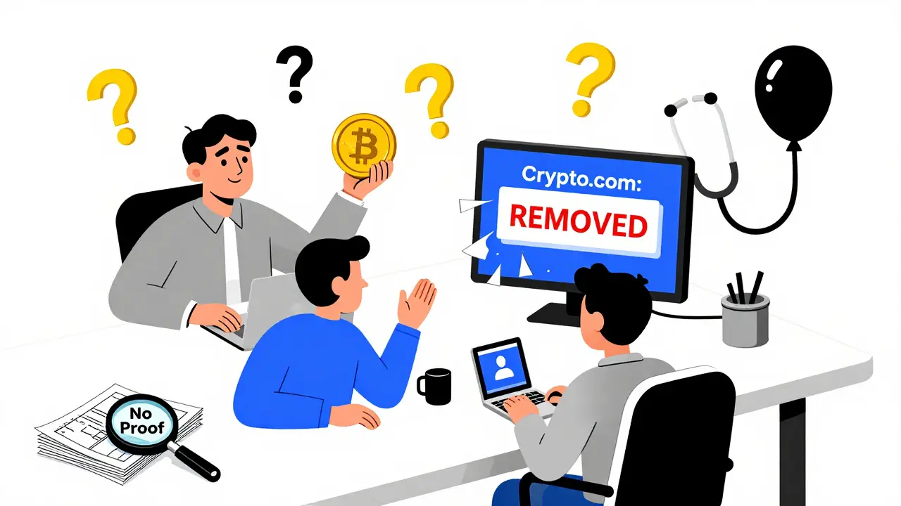 Bourse crypto absurde avec des traders et un écran 'Crypto.com: retiré', des plans d'hôpital non ouverts.