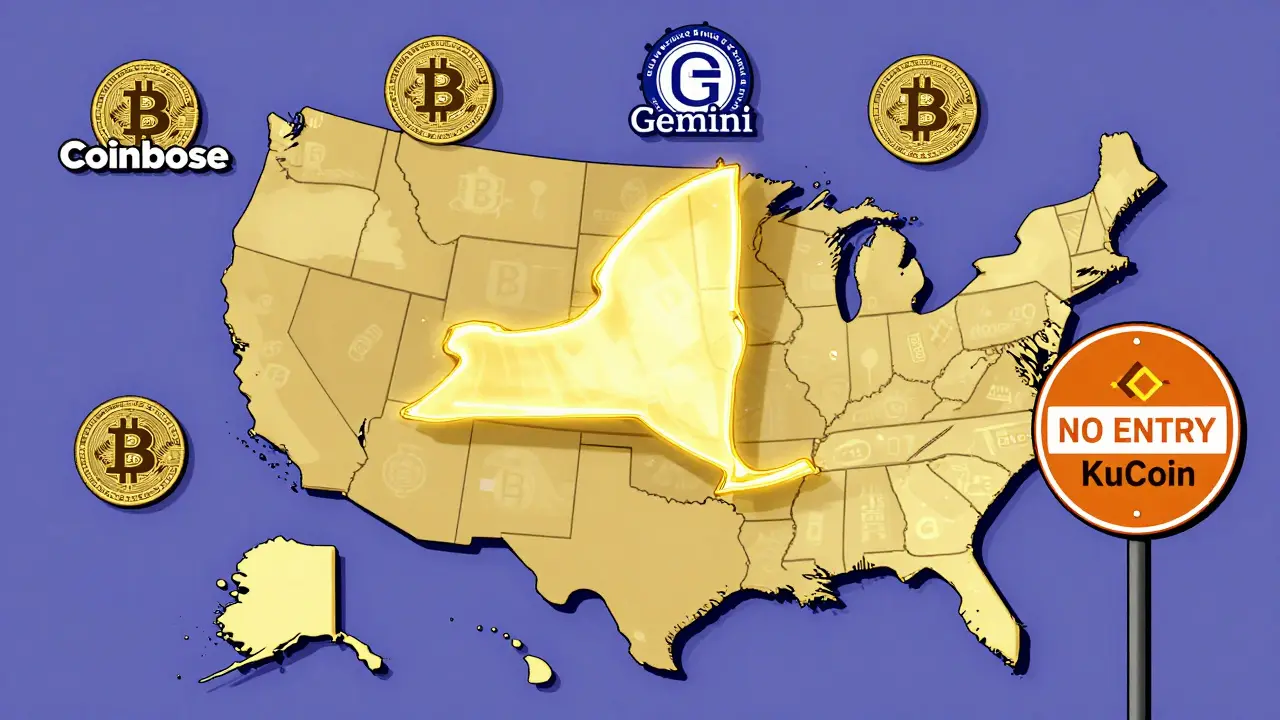 Carte des États-Unis où New York brille, sept entreprises licenciées sont marquées, d'autres sont interdites.