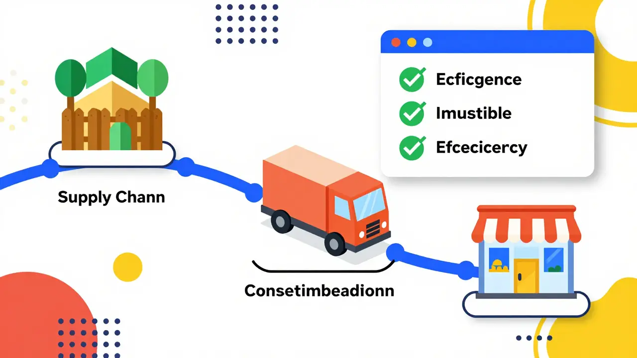 Chaîne logistique tracée avec des icônes géométriques et des validations.
