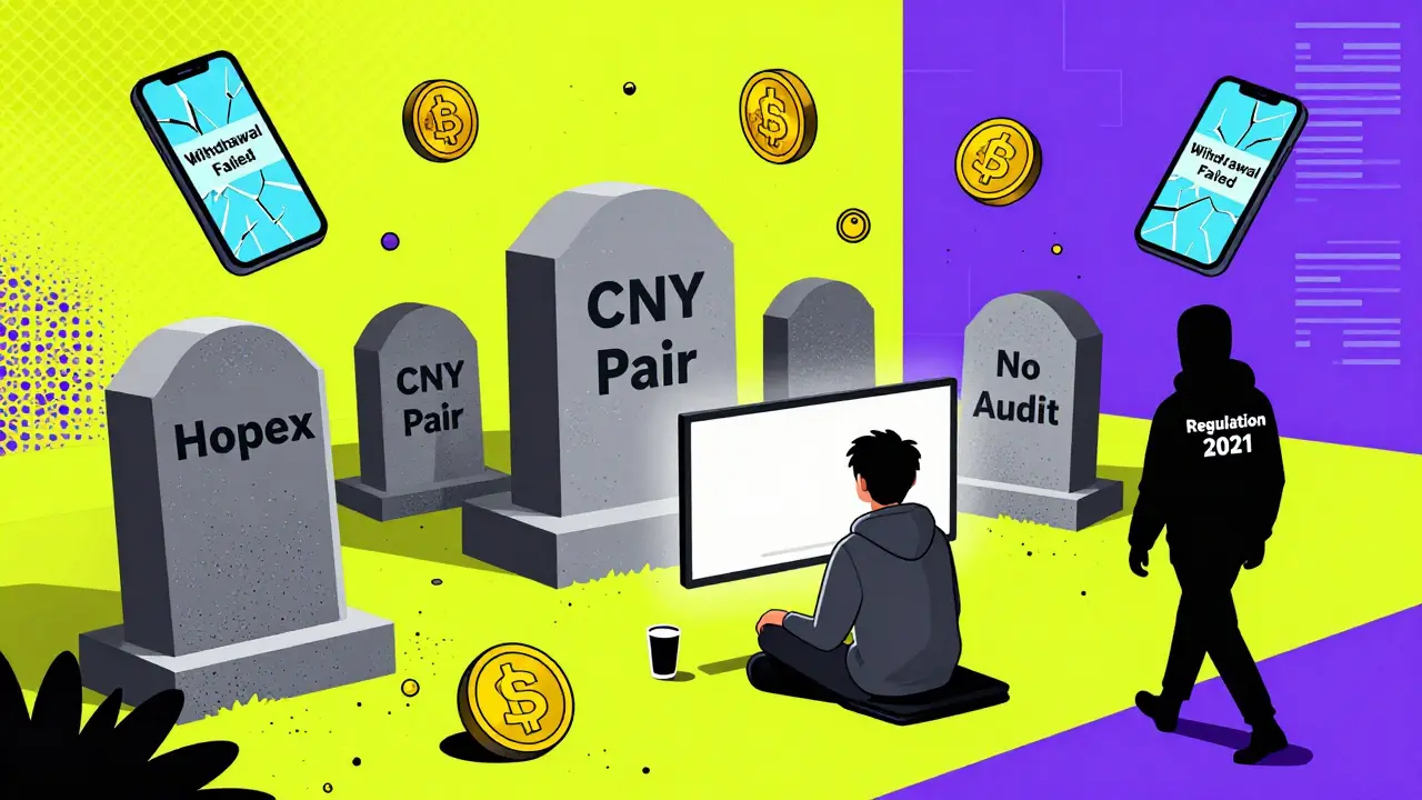 Cimetière numérique de plateformes crypto avec des tombes et des tokens inutilisés en style Memphis vif.