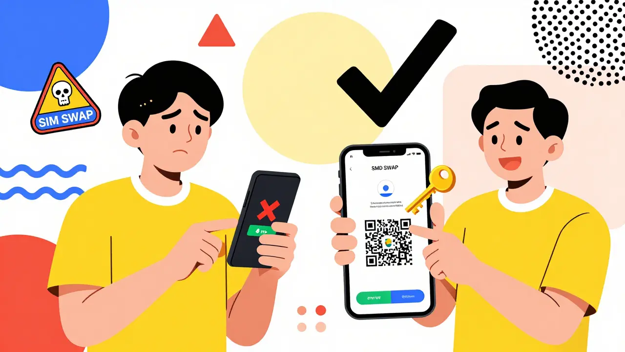 Comparaison visuelle entre SMS vulnérable et authentification par application sécurisée, style Memphis.