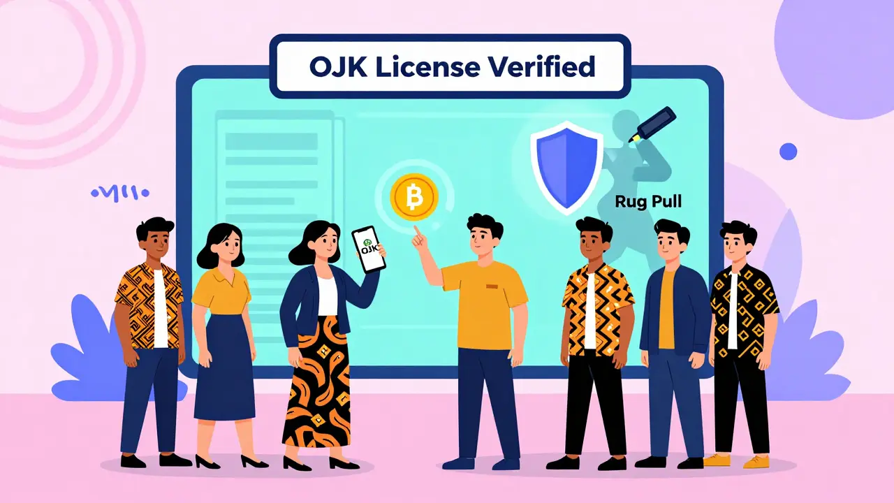 Des investisseurs indonésiens vérifient une licence OJK tandis qu'un 'rug pull' est éliminé.