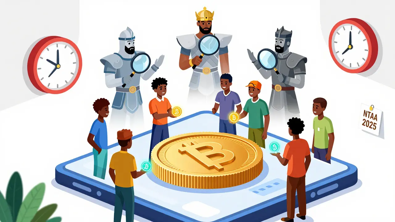 Des Nigérians échangent des cryptos sur une pièce de monnaie, surveillés par trois gardiens régulateurs stylisés.