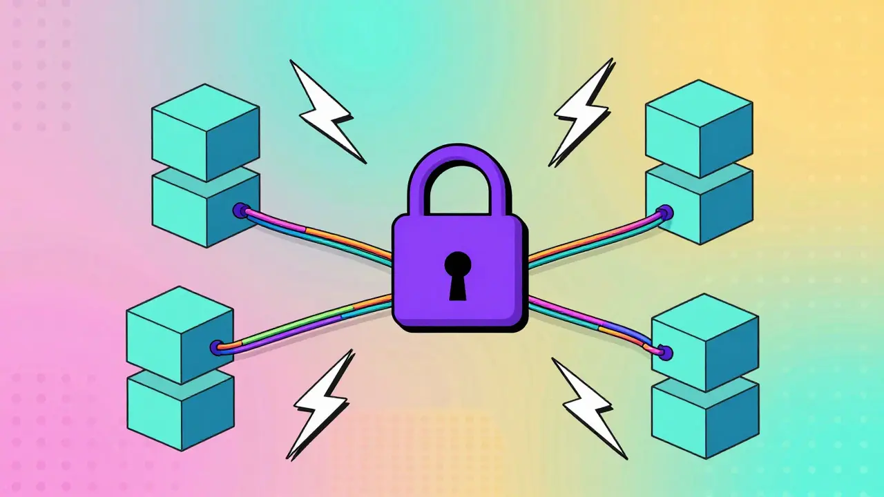 Icône de portefeuille numérique se connectant à des blocs de chaîne en style cartoon.