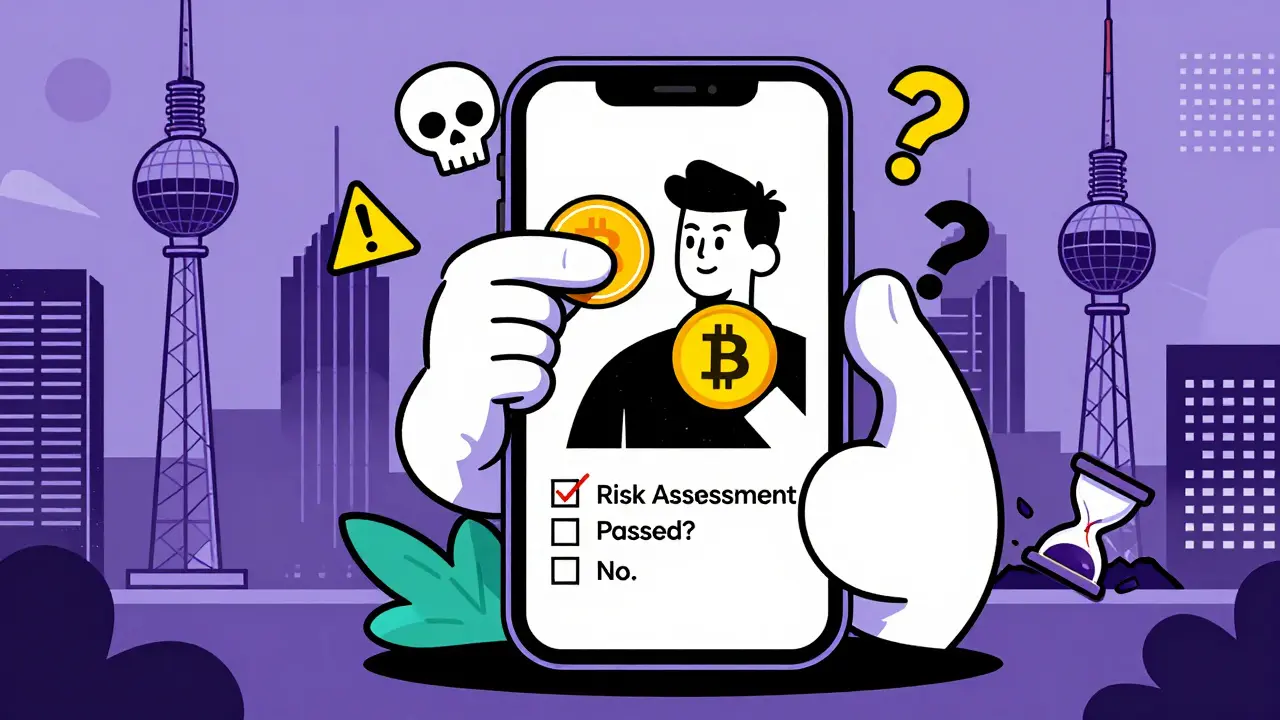 Influenceur sur smartphone entouré de symboles de risque, avec un message 'Évaluation échouée' en arrière-plan urbain stylisé.