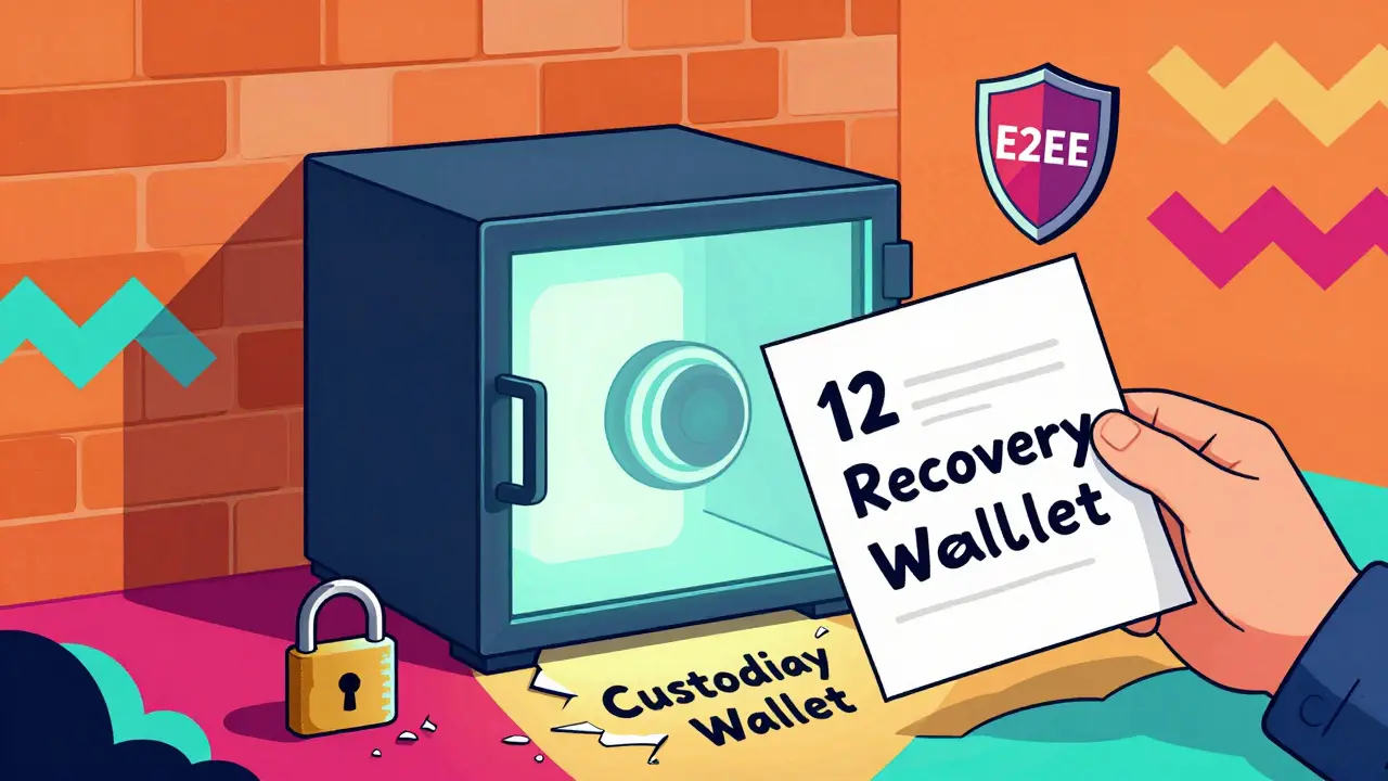 Personne tenant une phrase de récupération écrite à la main, protégée par un coffre fort E2EE.