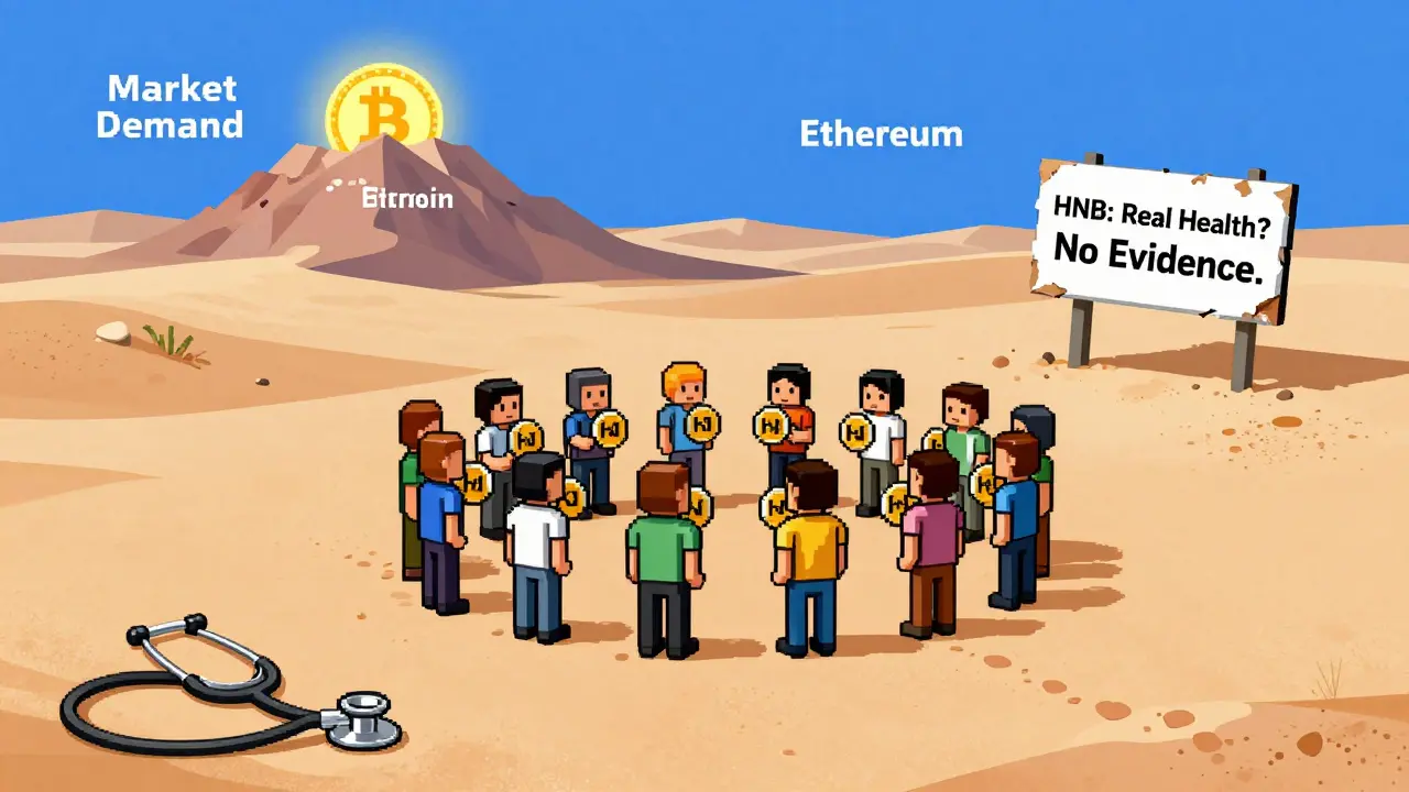 Petit groupe de personnes avec des tokens HNB dans un désert vide, une montagne de Bitcoin au loin.