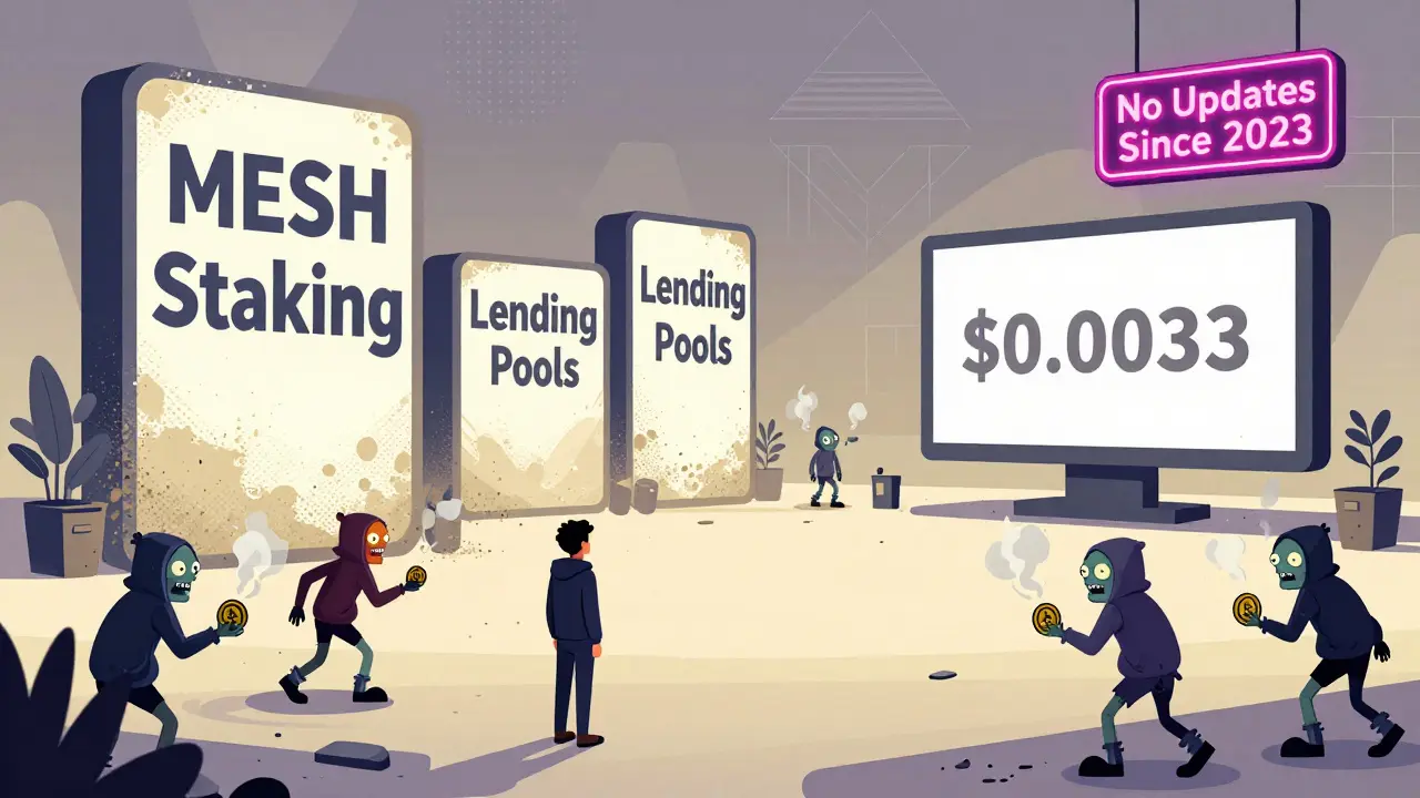 Place numérique déserte avec des signes de staking morts et des zombies portant des jetons MESH, style Memphis Design.