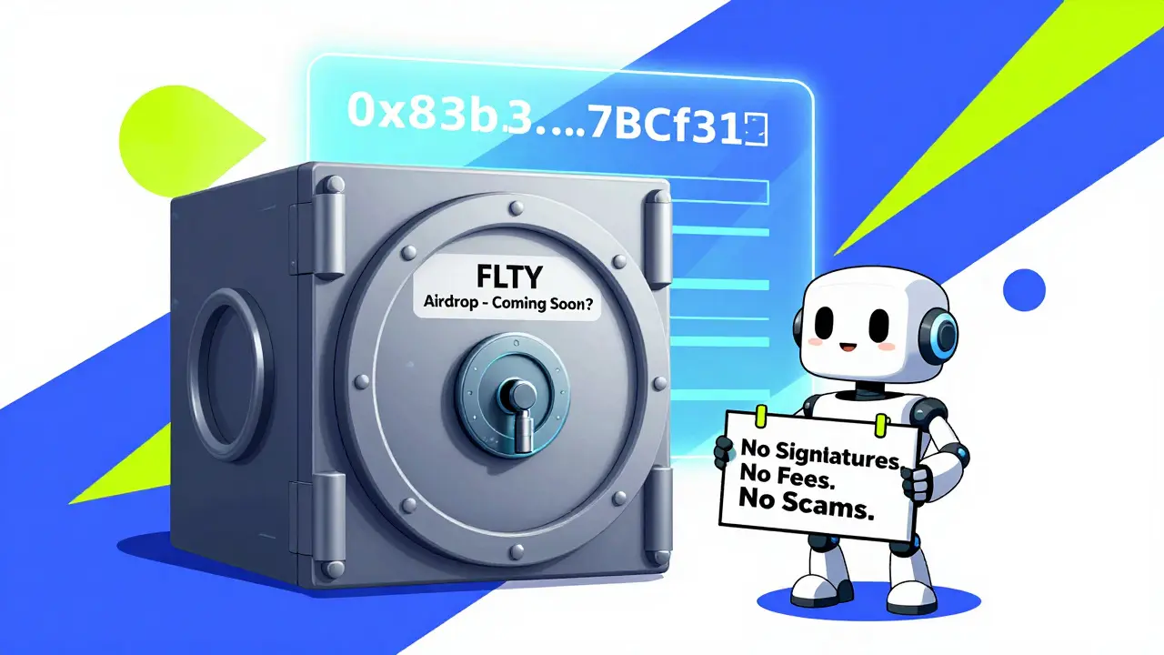 Robot gardien bloquant un coffre 'Airdrop FLTY' avec l'adresse du contrat visible, style Memphis géométrique.