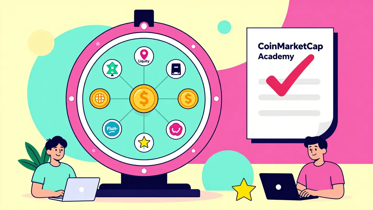 Roue de quiz CoinMarketCap avec des étoiles, illustrant un airdrop éducatif sans jetons en circulation.