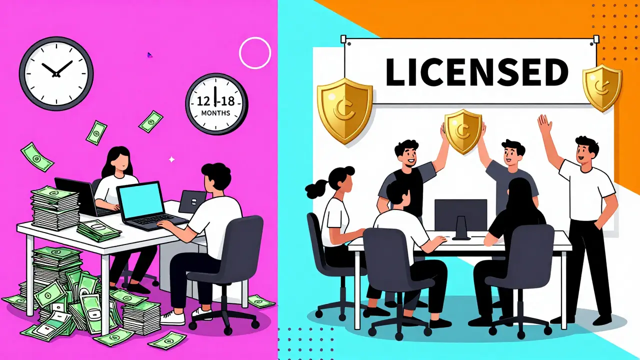 Scène divisée : une startup en désordre à gauche, Coinbase prospère à droite, tout en style géométrique vif.