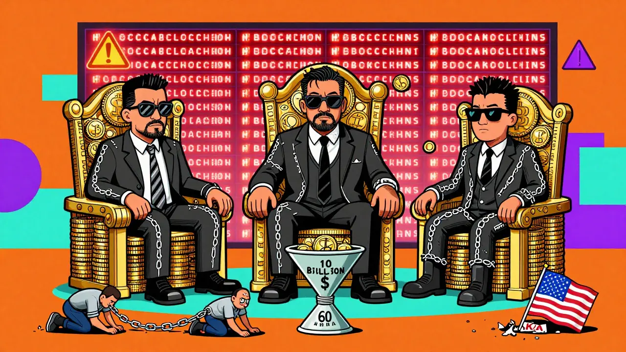 Trois chefs criminels sur des trônes de cryptos, des travailleurs enchaînés et un entonnoir marqué '10 MILLIARDS $'.