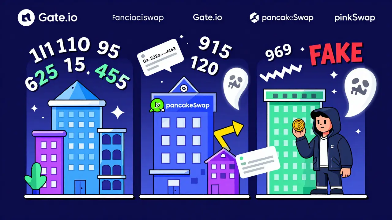 Trois plateformes d'échange décentralisées avec des prix divergents, un investisseur tenant un contrat et des jetons falsifiés.