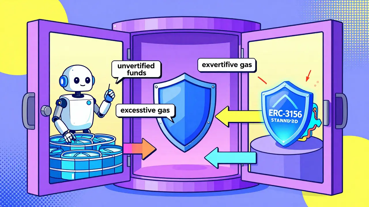 Un coffre DeFi révèle trois scènes : rééquilibrage, sécurité et standard ERC-3156, dans un style Memphis géométrique.