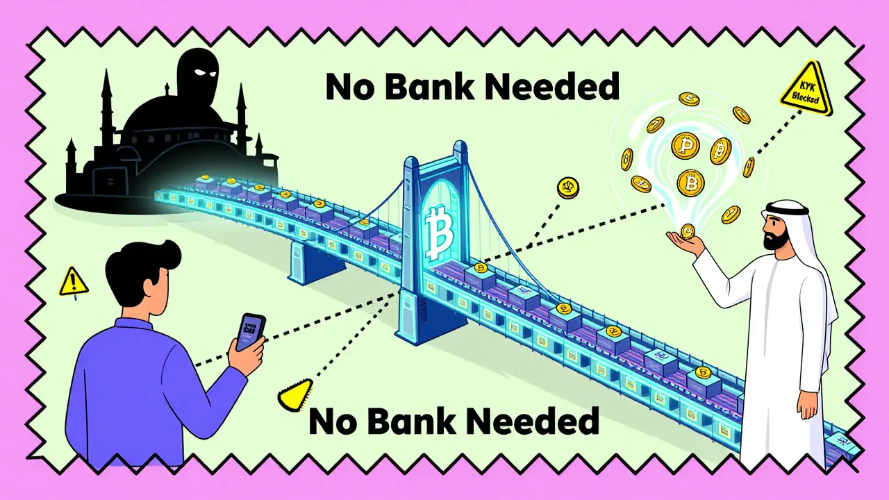 Un échange P2P entre l'Iran, Istanbul et Dubaï via des blocs Bitcoin, sans banque, dans un style géométrique coloré.