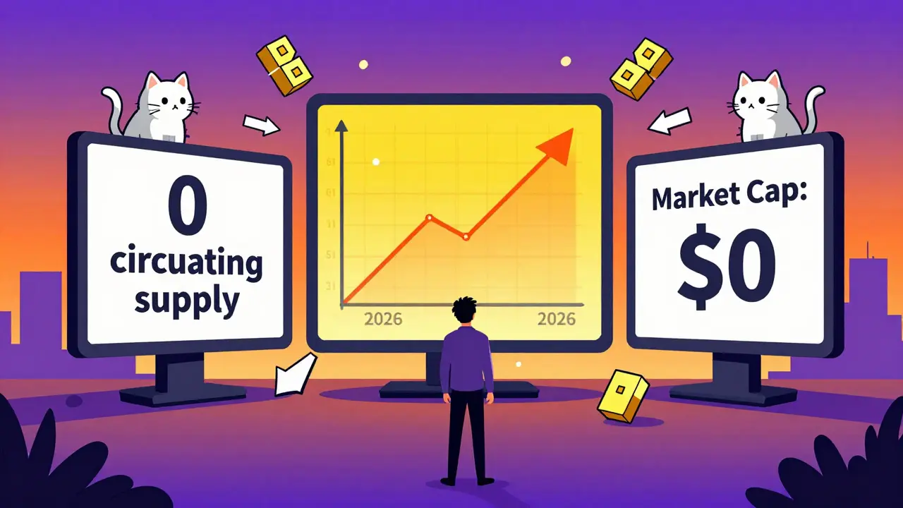Un investisseur perdu face à trois écrans affichant des données incohérentes sur le token NCT, dans un style graphique Memphis vif.