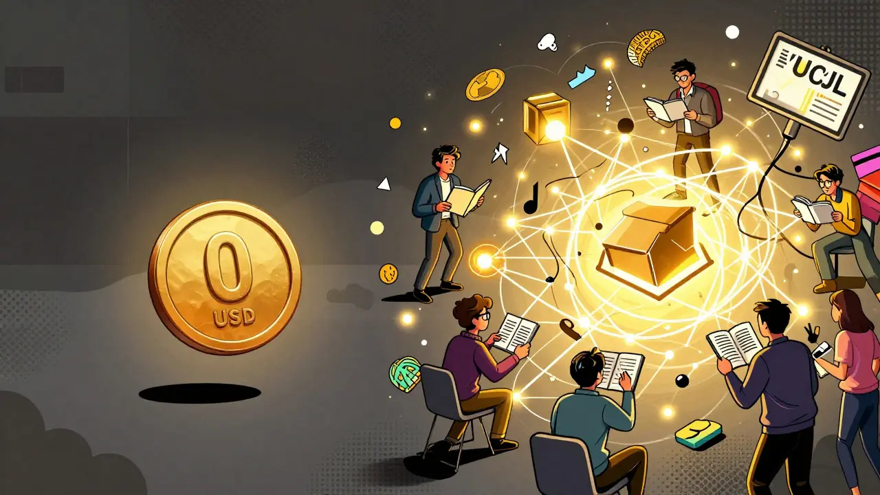 Un jeton UCJL isolé à côté d'un graphique à zéro, contrastant avec une communauté blockchain animée.