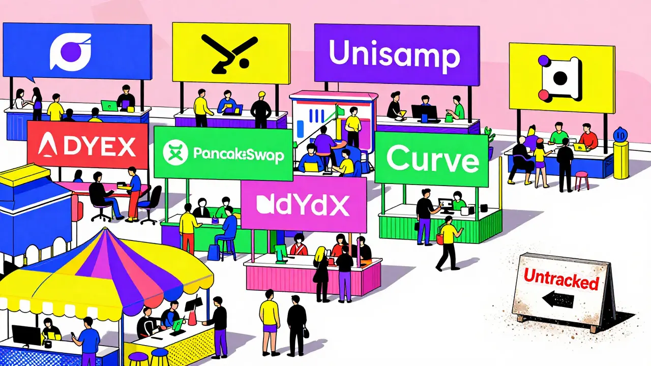 Un marché animé de DEX réels avec Dexfin isolé, poussiéreux et marqué 'Untracked' dans un style graphique vif.