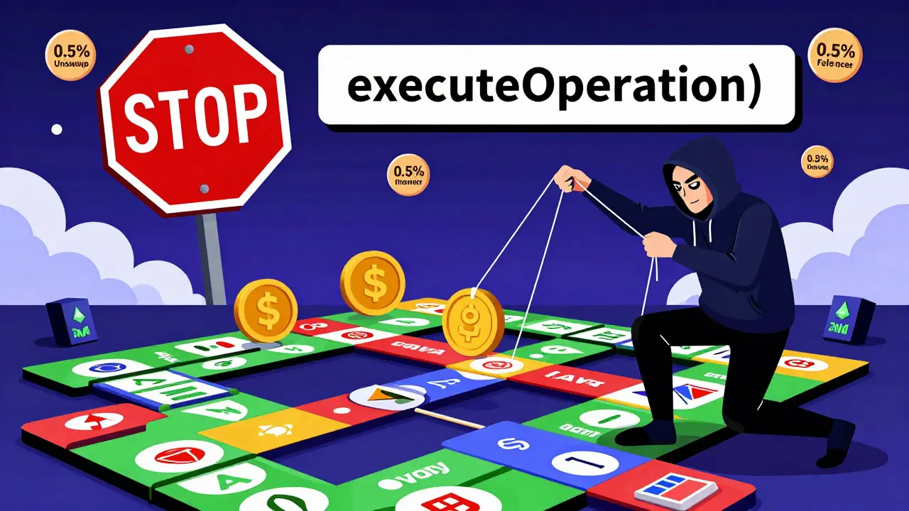 Un marionnettiste contrôle des jetons sur un jeu DeFi avec des frais flottants et un compte à rebours de gaz.