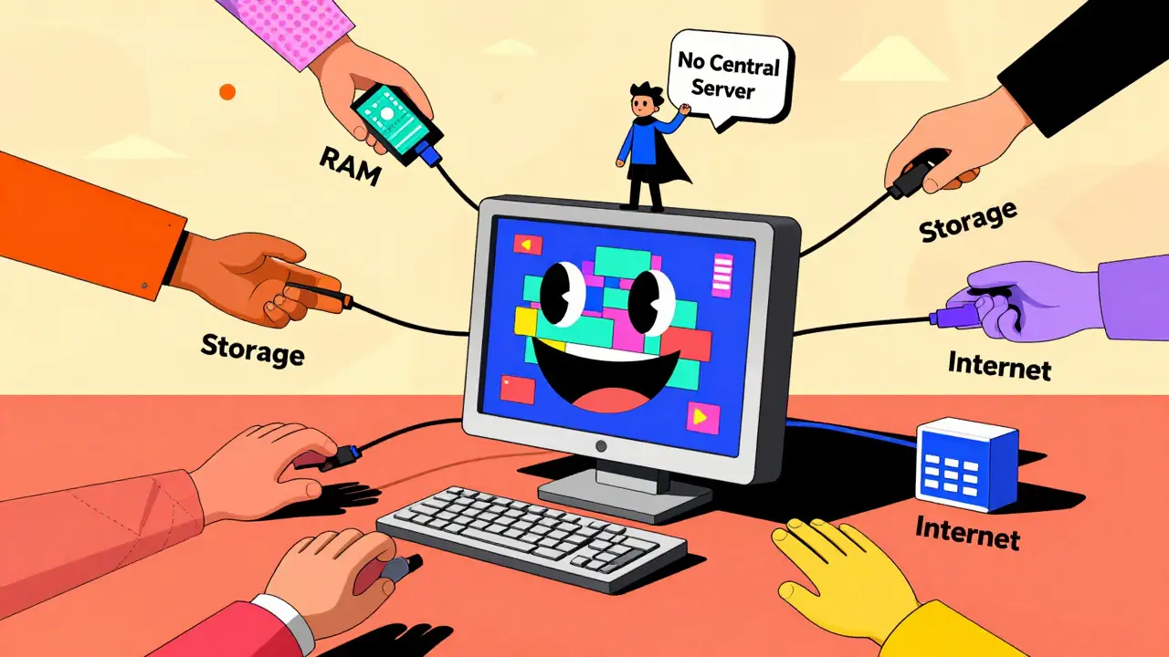 Un ordinateur souriant avec une blockchain animée, entouré de mains qui le connectent à des ressources.