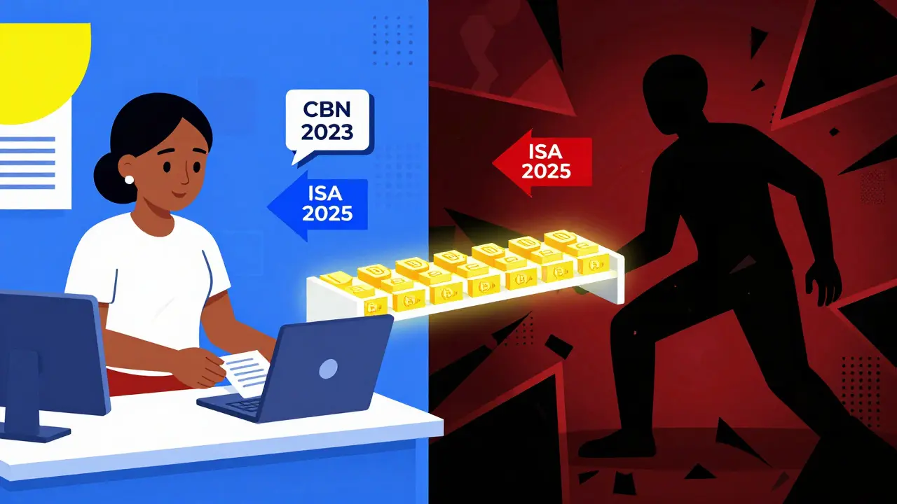 Un pont blockchain relie une scène de fraude passée à une scène bancaire régulée, en style Memphis.