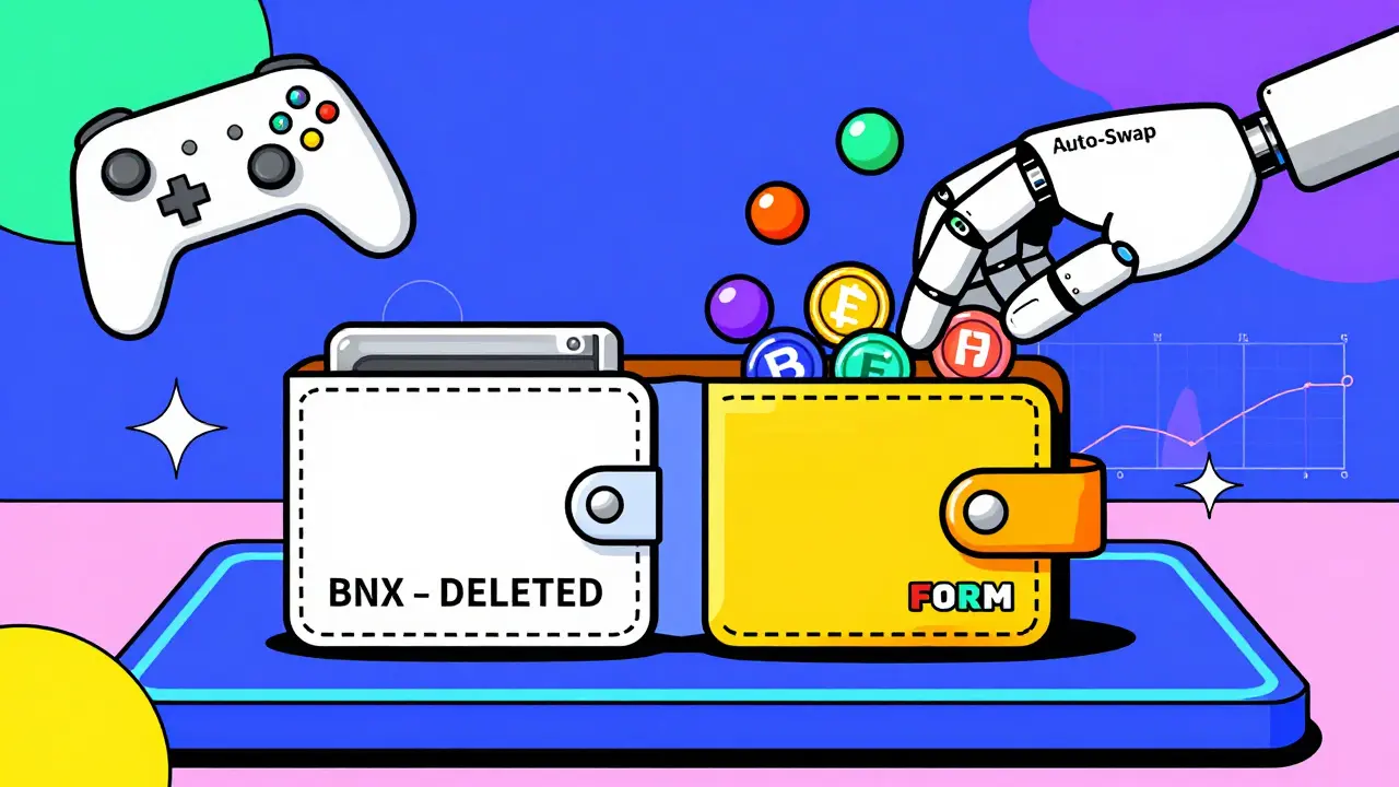 Un portefeuille numérique remplaçant des jetons BNX par des jetons FORM grâce à une main robotisée.