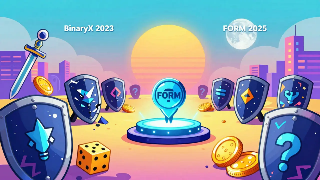 Un seul jeton FORM isolé sur un piédestal, entouré de débris de BNX et d'icônes de jeux obsolètes.