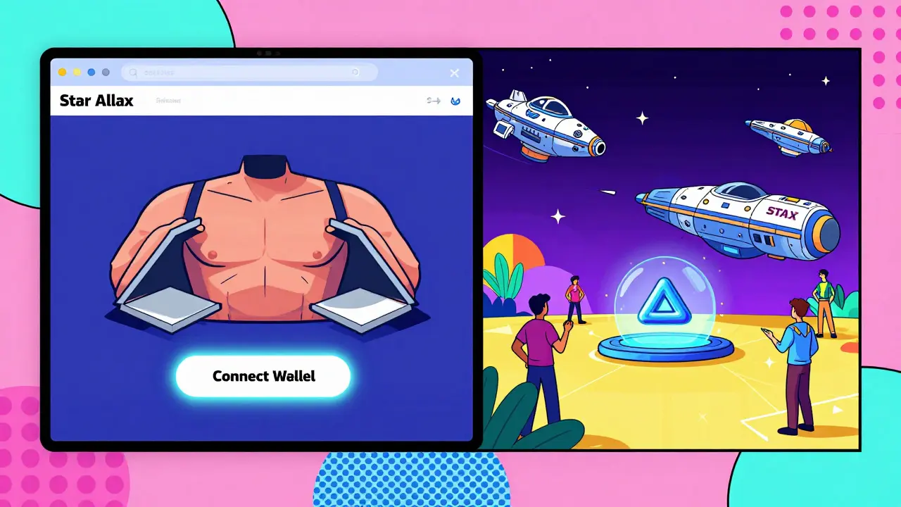 Un site frauduleux à gauche, un jeu NFT légitime à droite, tous deux stylisés en design Memphis coloré.