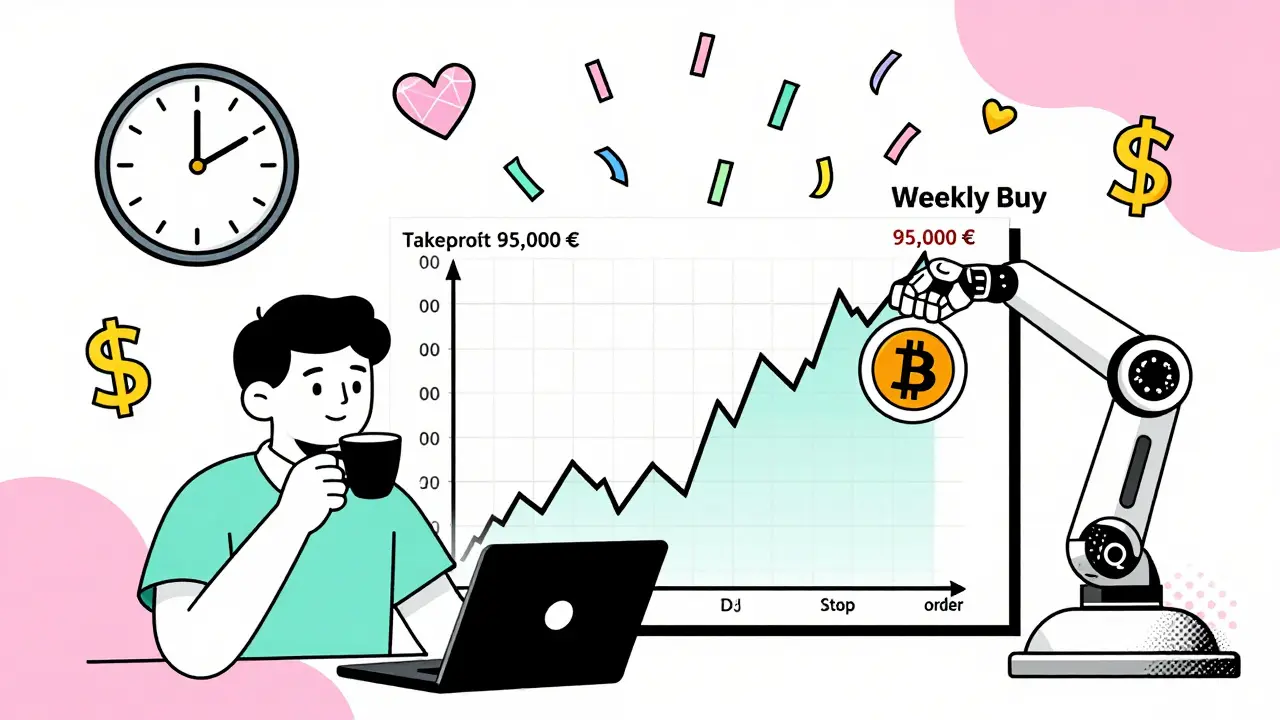 Un trader calme avec des ordres automatiques et des flèches DCA, dans un décor géométrique coloré en style Memphis.